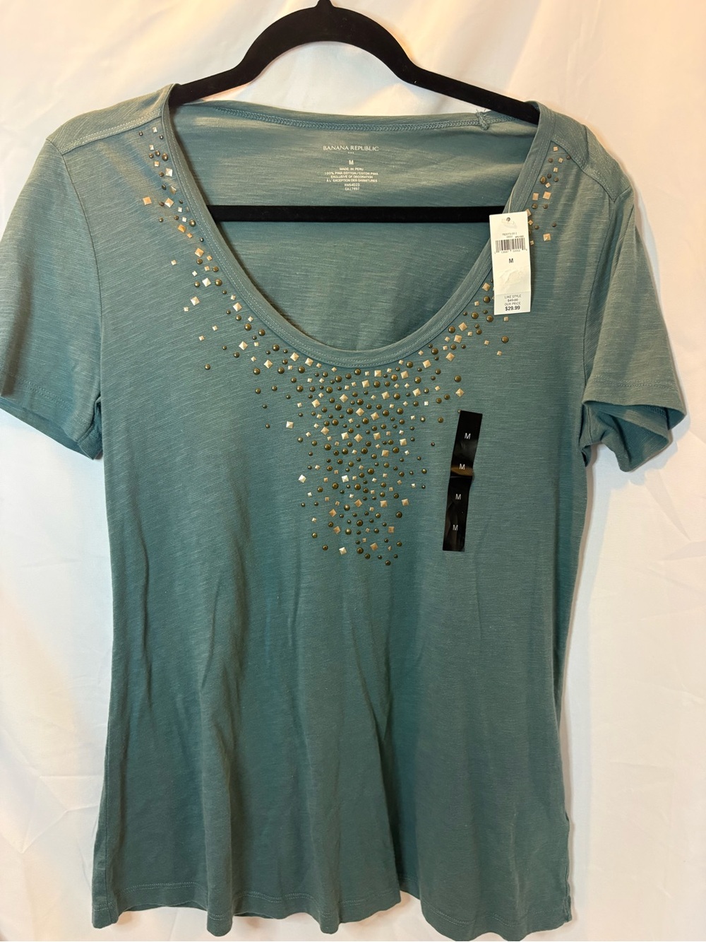 NWT Banana Republic Sage Green Scoop Neck Tee with Gold Stud Accents